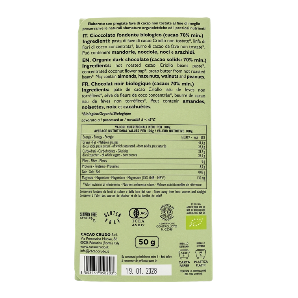Bio Edelbitterschokolade 70% Pur 50g - Roher Kakao
