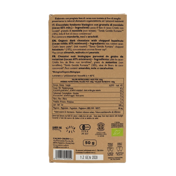 Bio Zartbitterschokolade 65% Haselnussgranulat 50g - Roher Kakao