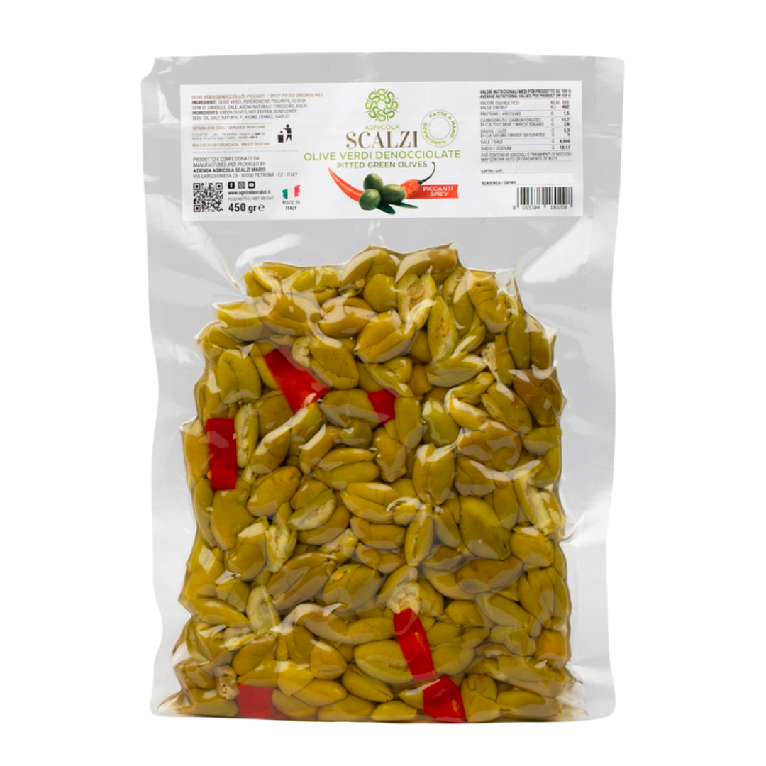 Olive verdi schiacciate piccanti denocciolate 450gr